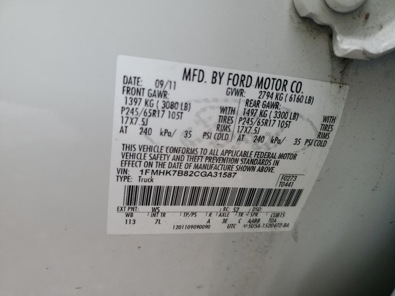 2012 Ford Explorer VIN: 1FMHK7B82CGA31587 Lot: 80310865