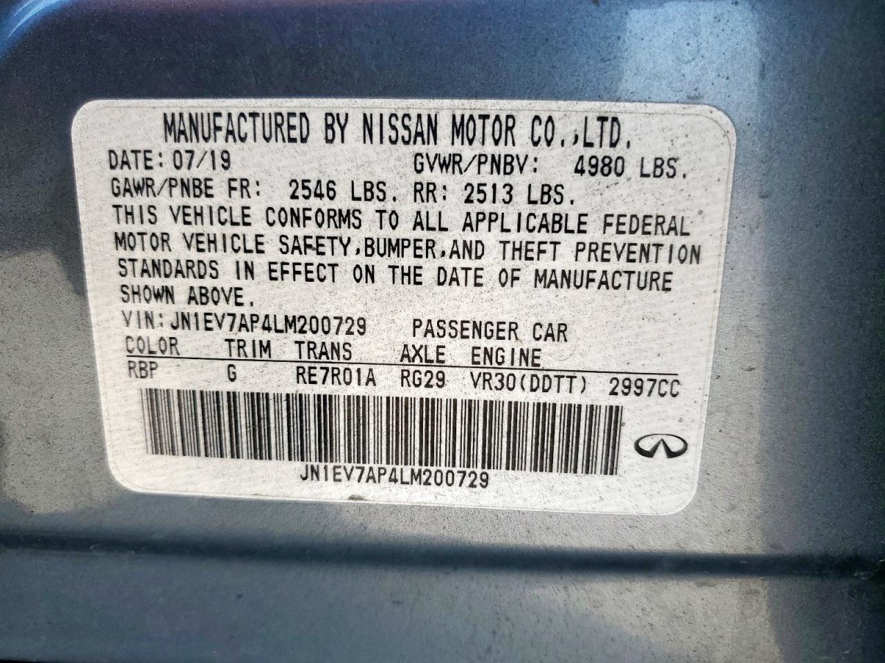 2020 Infiniti Q50 Pure VIN: JN1EV7AP4LM200729 Lot: 71411715