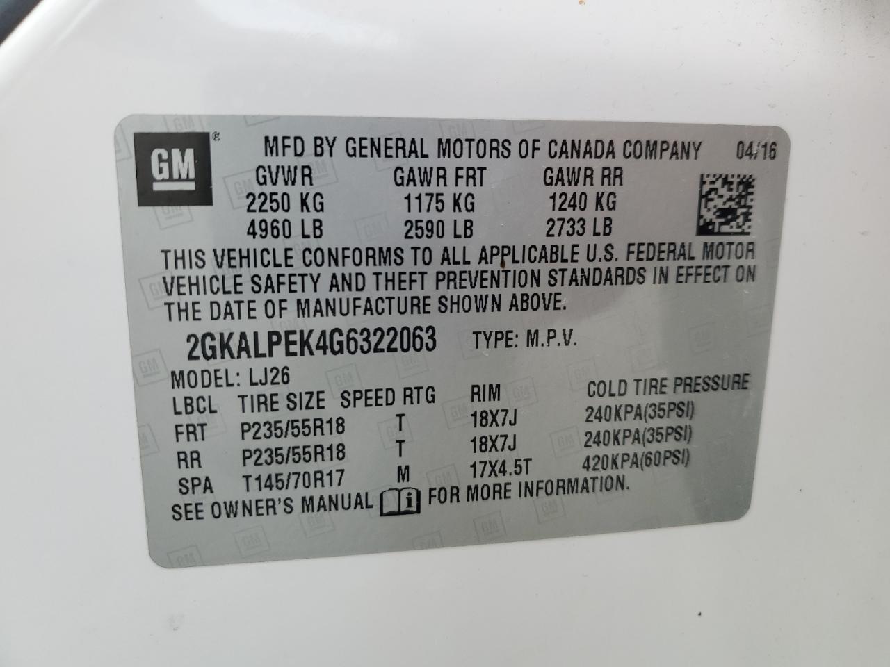 2016 GMC Terrain Slt VIN: 2GKALPEK4G6322063 Lot: 71968215