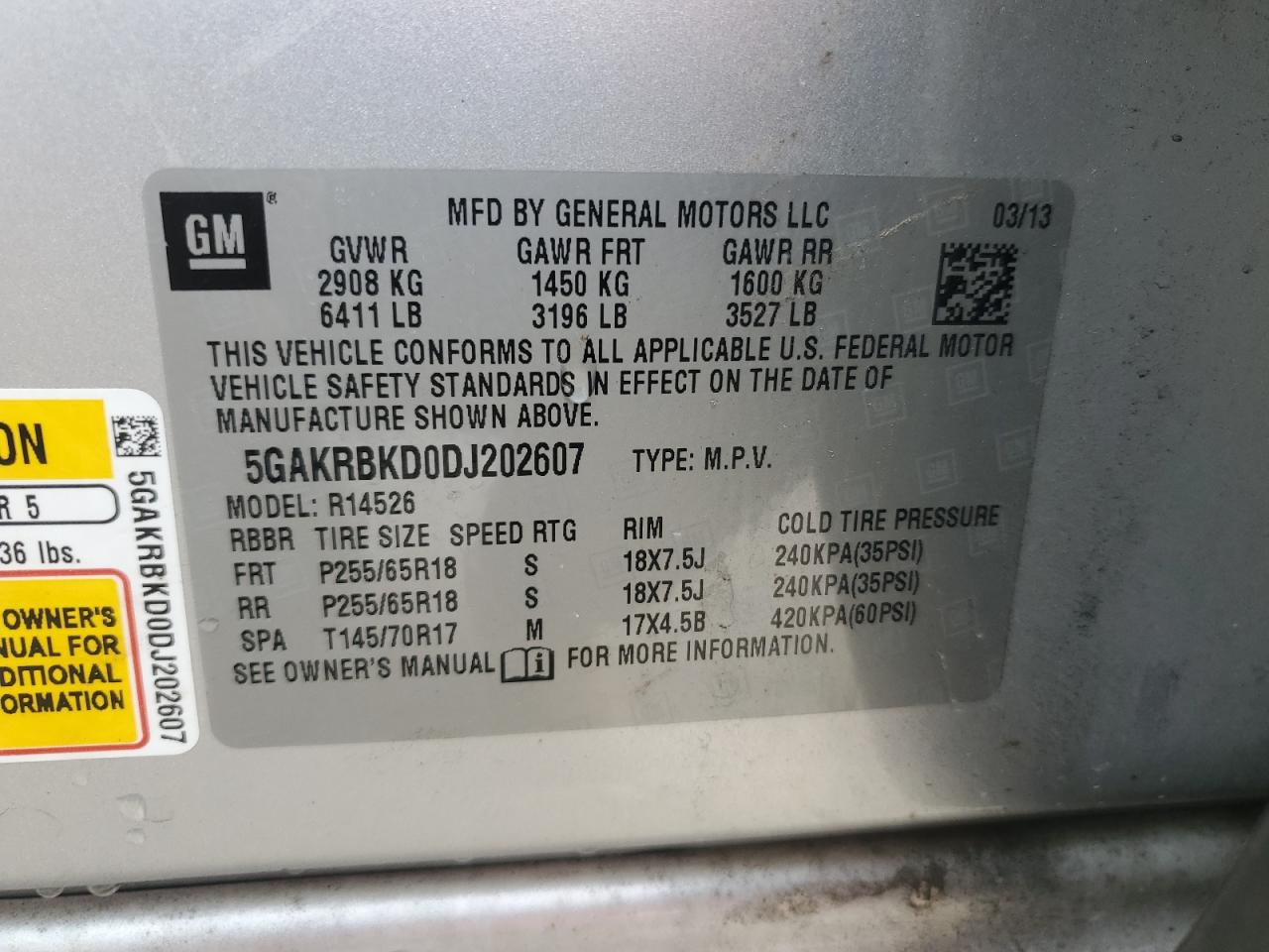 2013 Buick Enclave VIN: 5GAKRBKD0DJ202607 Lot: 70385305