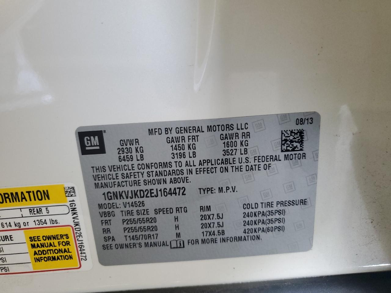 2014 Chevrolet Traverse Ltz VIN: 1GNKVJKD2EJ164472 Lot: 71431805