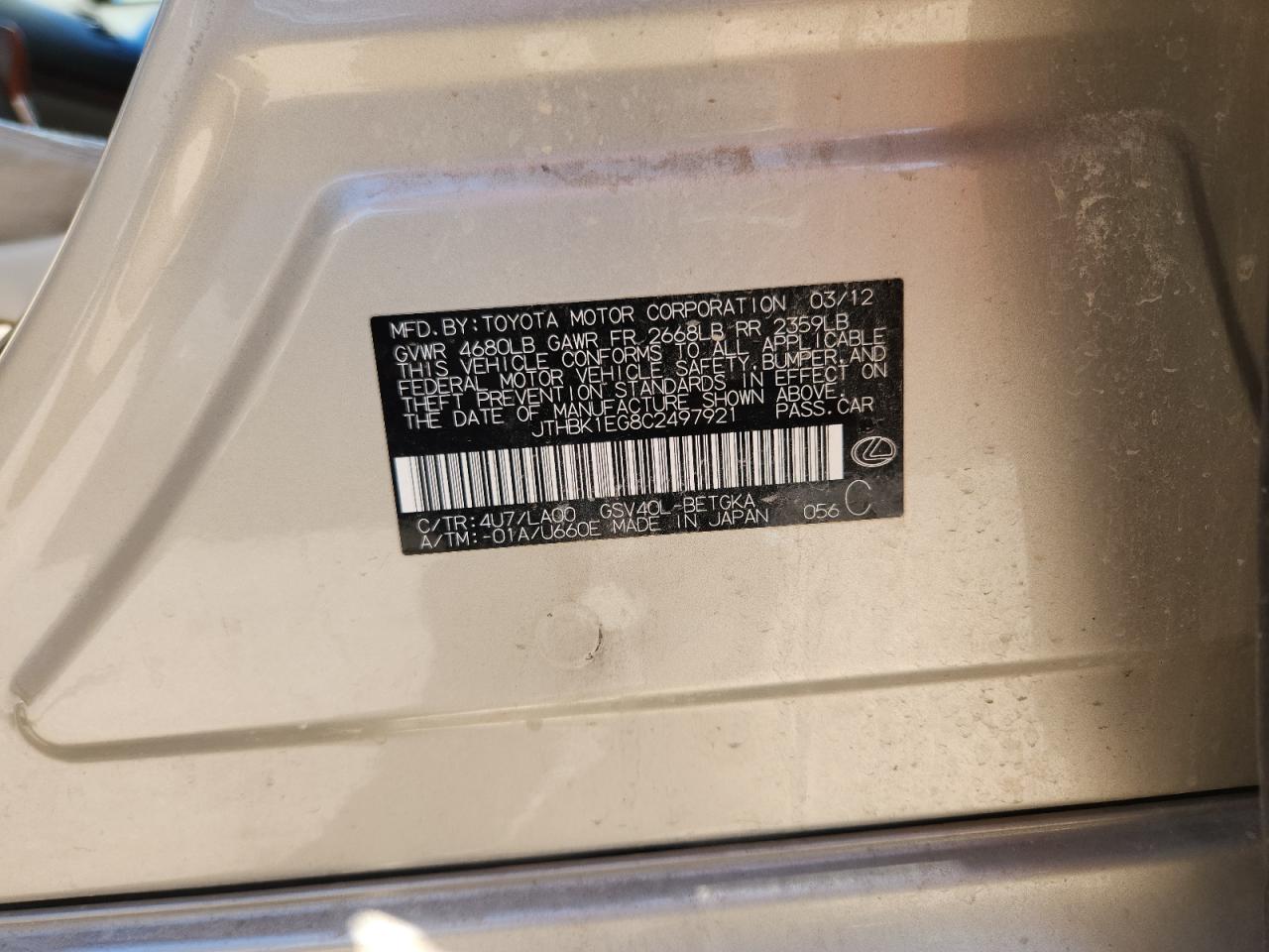 2012 Lexus Es 350 VIN: JTHBK1EG8C2497921 Lot: 84299065