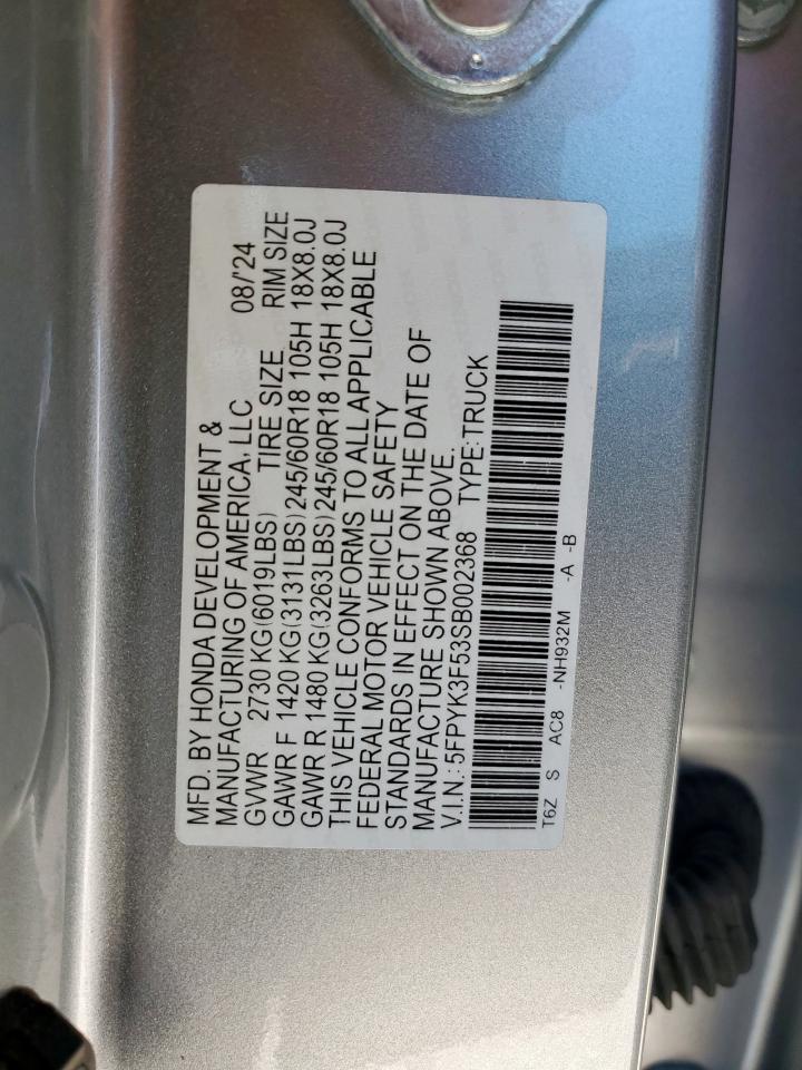 2025 Honda Ridgeline Rtl VIN: 5FPYK3F53SB002368 Lot: 80400645