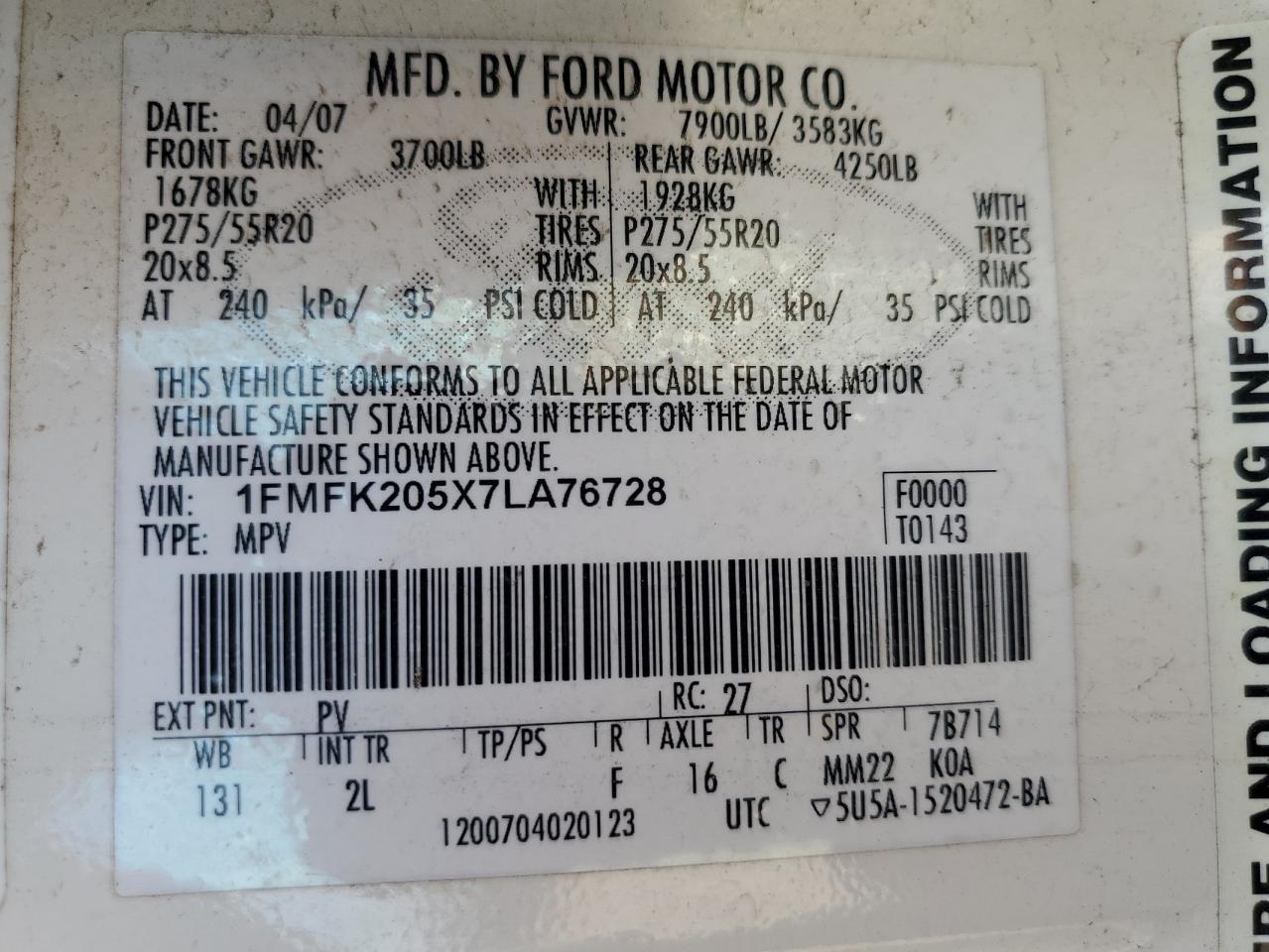 2007 Ford Expedition El Limited VIN: 1FMFK205X7LA76728 Lot: 71726635