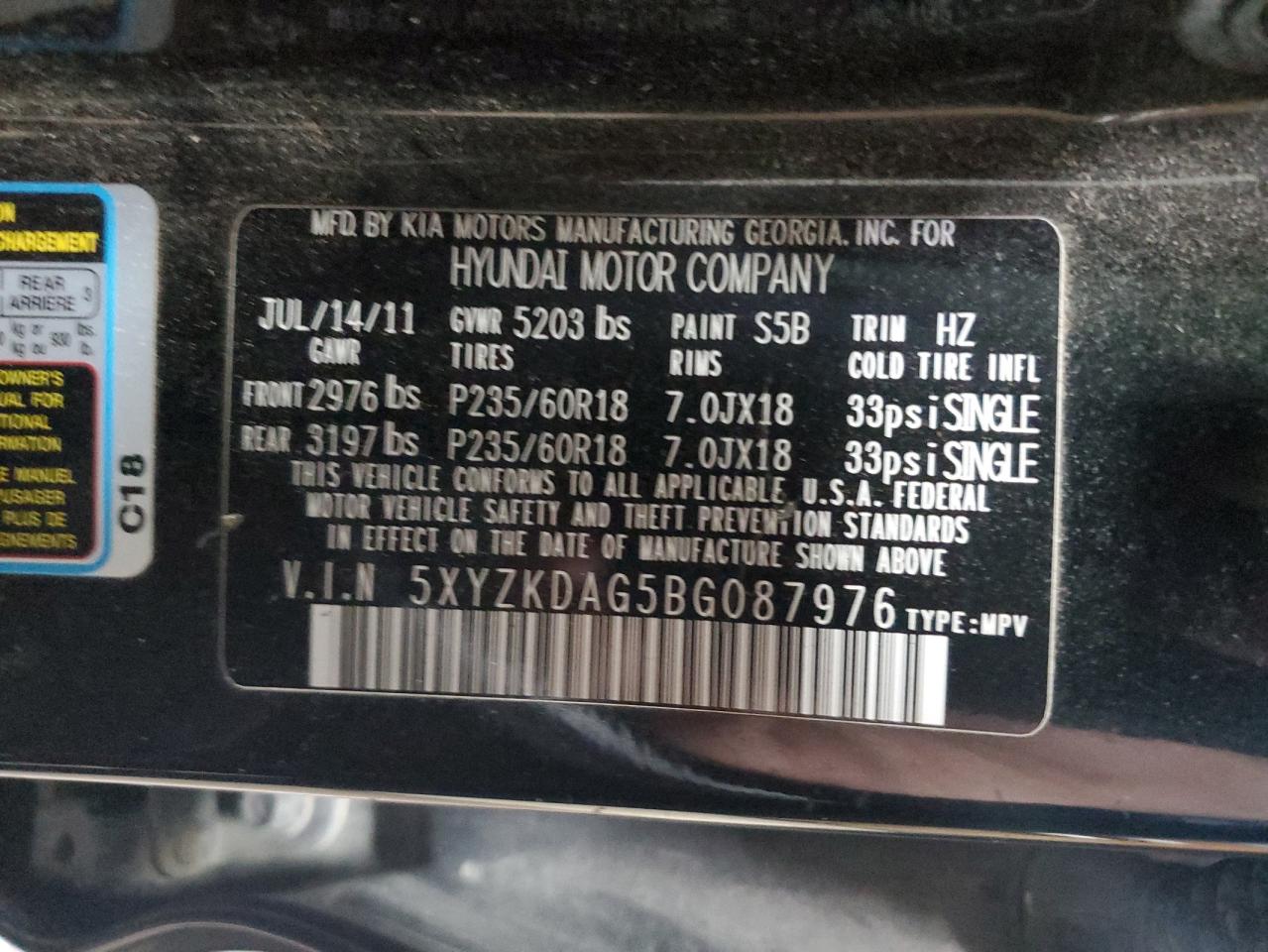 2011 Hyundai Santa Fe Limited VIN: 5XYZKDAG5BG087976 Lot: 80245285