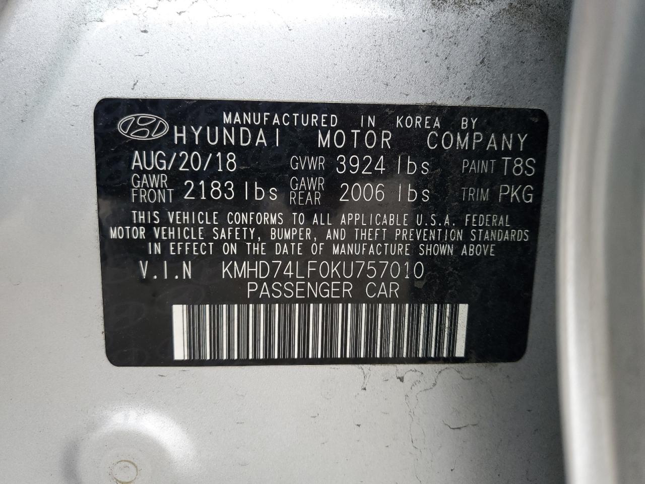 2019 Hyundai Elantra Se VIN: KMHD74LF0KU757010 Lot: 81782175