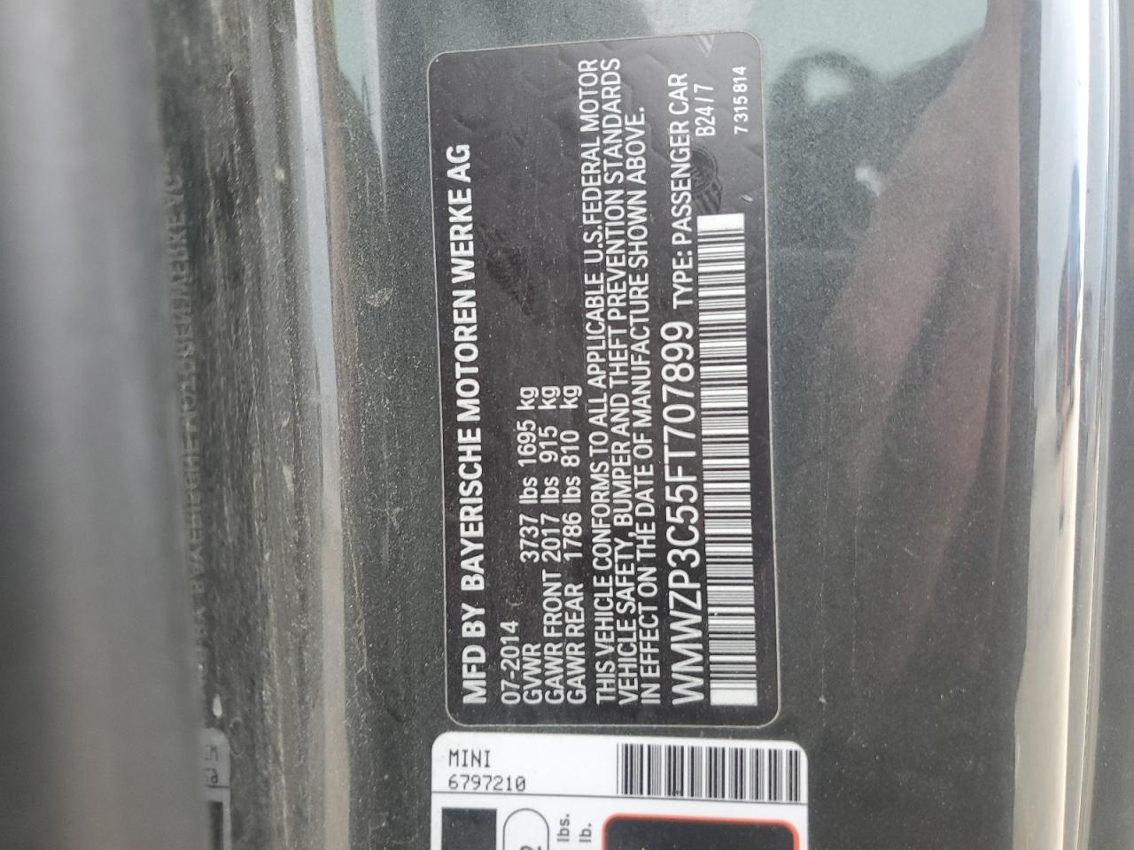 2015 Mini Cooper S VIN: WMWZP3C55FT707899 Lot: 71820655