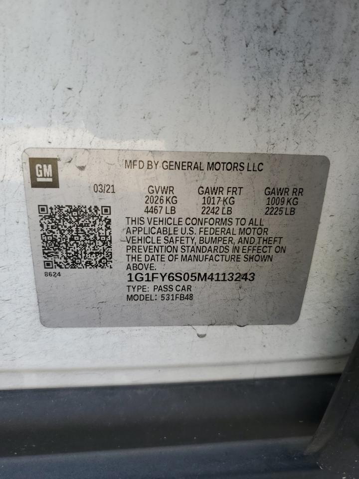 2021 Chevrolet Bolt Ev Lt VIN: 1G1FY6S05M4113243 Lot: 83977935