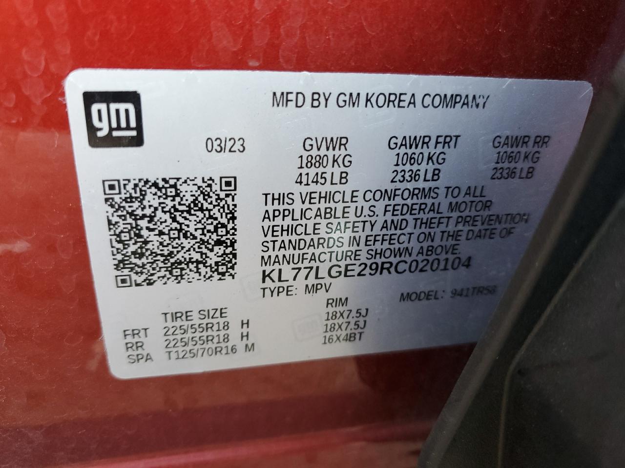 2024 Chevrolet Trax 1Rs VIN: KL77LGE29RC020104 Lot: 81053145