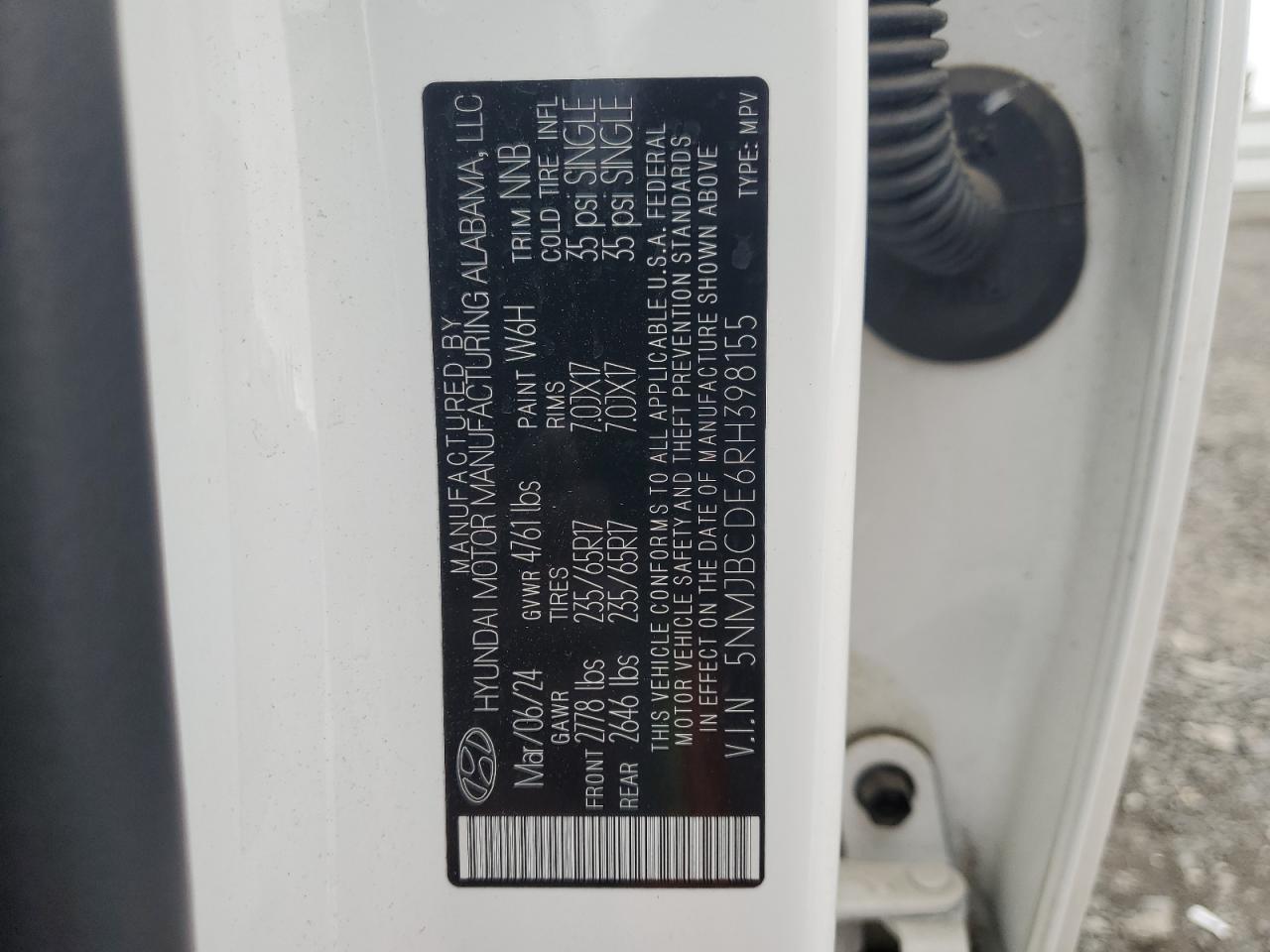 2024 Hyundai Tucson Sel VIN: 5NMJBCDE6RH398155 Lot: 81000545