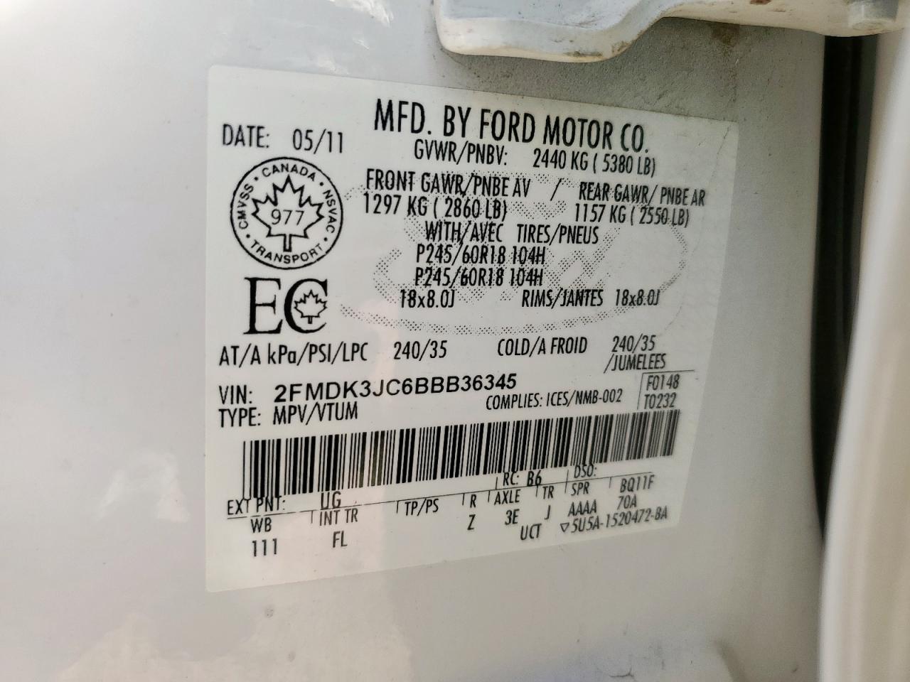 2011 Ford Edge Sel VIN: 2FMDK3JC6BBB36345 Lot: 67080845