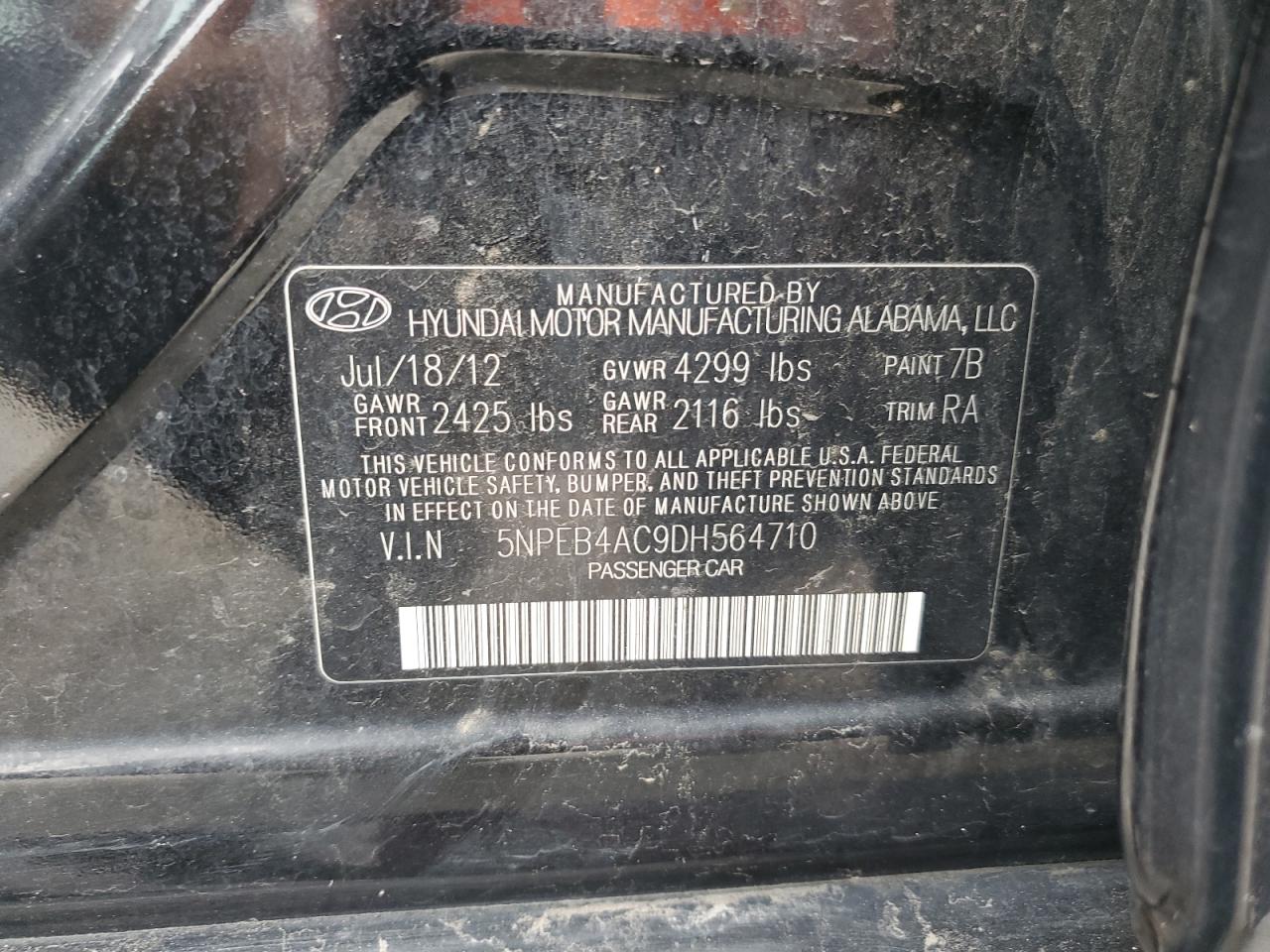 2013 Hyundai Sonata Gls VIN: 5NPEB4AC9DH564710 Lot: 71958885