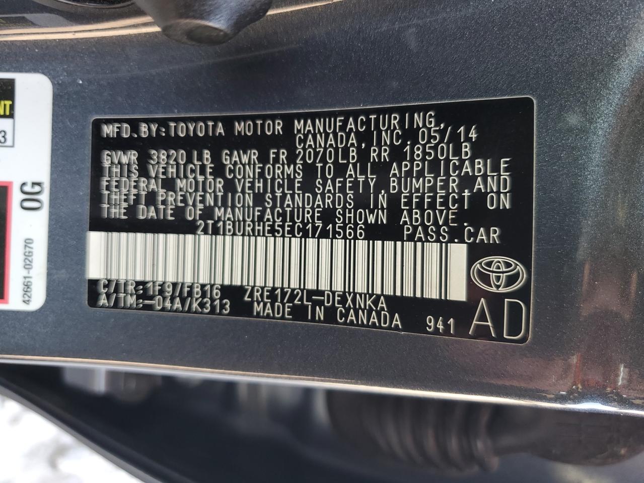 2014 Toyota Corolla L VIN: 2T1BURHE5EC171566 Lot: 80577145