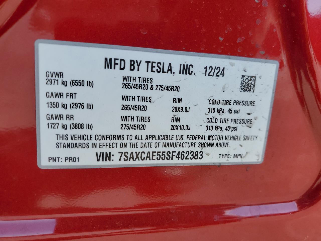 2025 Tesla Model X VIN: 7SAXCAE55SF462383 Lot: 71201665