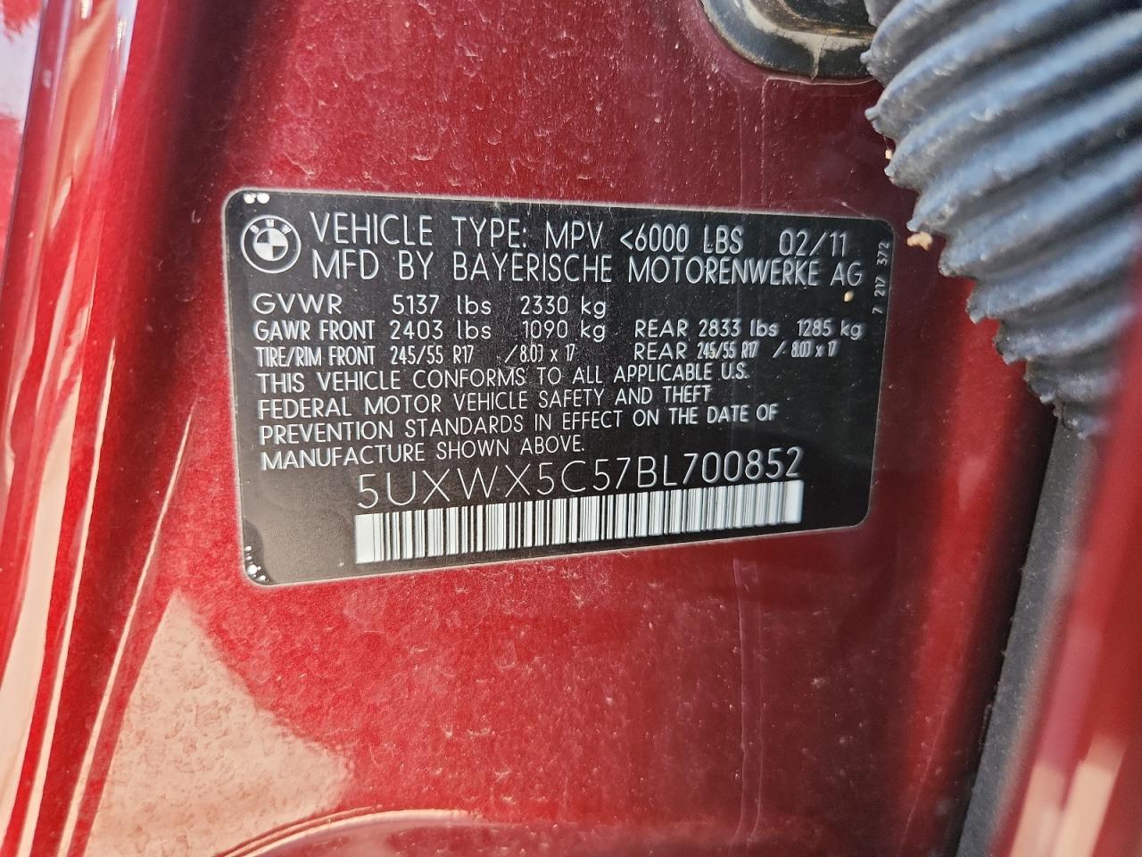 2011 BMW X3 xDrive28I VIN: 5UXWX5C57BL700852 Lot: 80604785