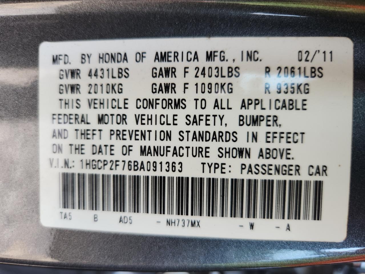 2011 Honda Accord Ex VIN: 1HGCP2F76BA091363 Lot: 71248675