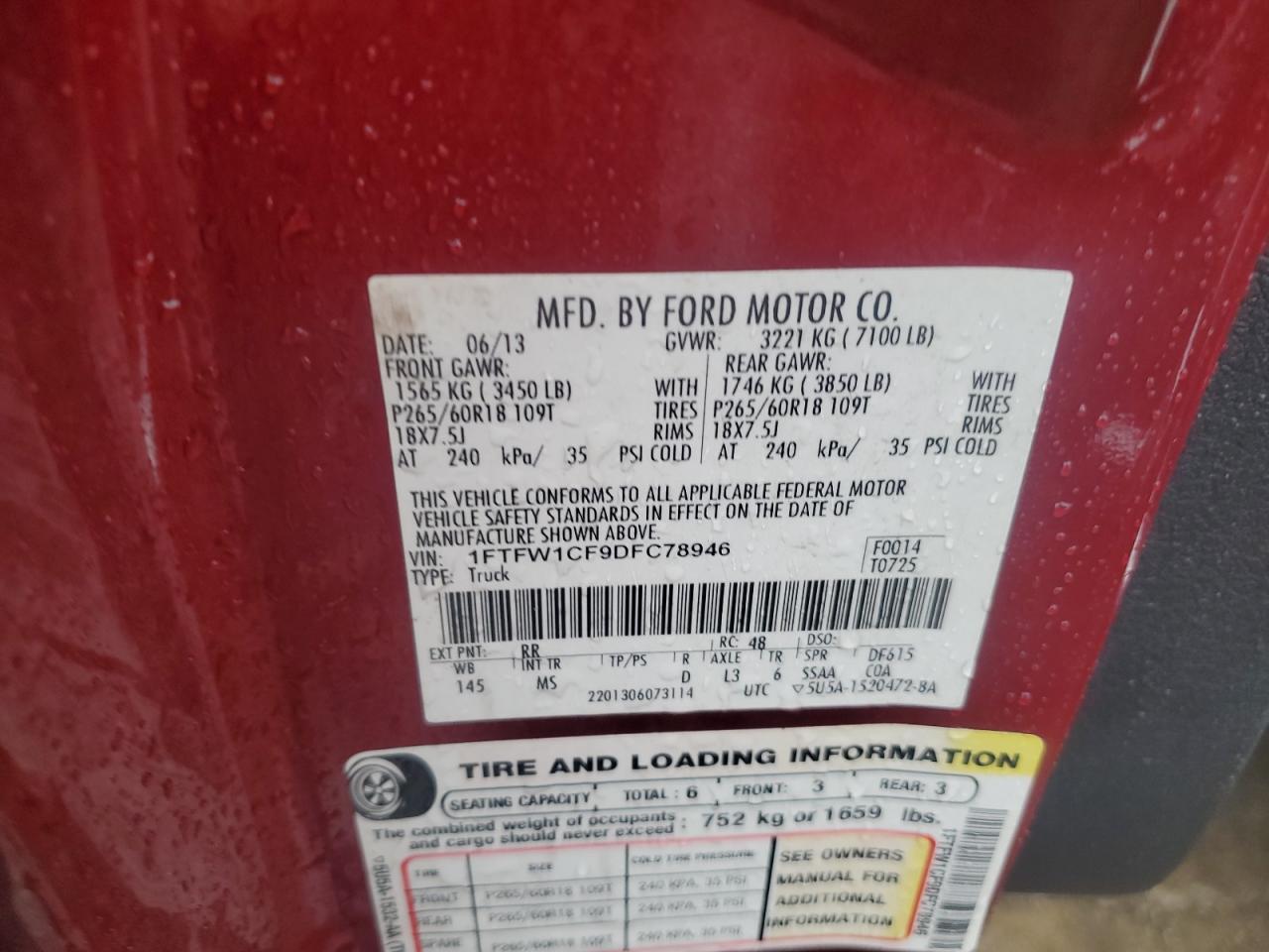 2013 Ford F150 Supercrew VIN: 1FTFW1CF9DFC78946 Lot: 68448655