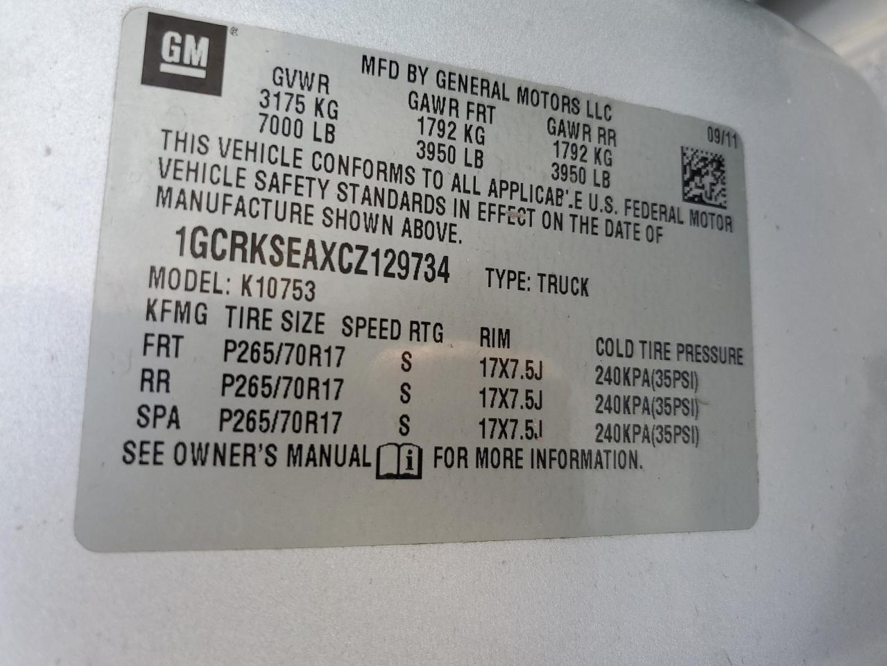 2012 Chevrolet Silverado K1500 Lt VIN: 1GCRKSEAXCZ129734 Lot: 71014425