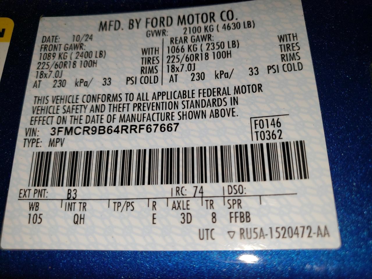 2024 Ford Bronco Sport Big Bend VIN: 3FMCR9B64RRF67667 Lot: 82132195