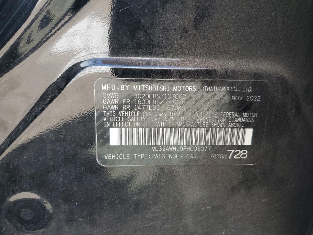 2023 Mitsubishi Mirage Se VIN: ML32AWHJ9PH003077 Lot: 81460485