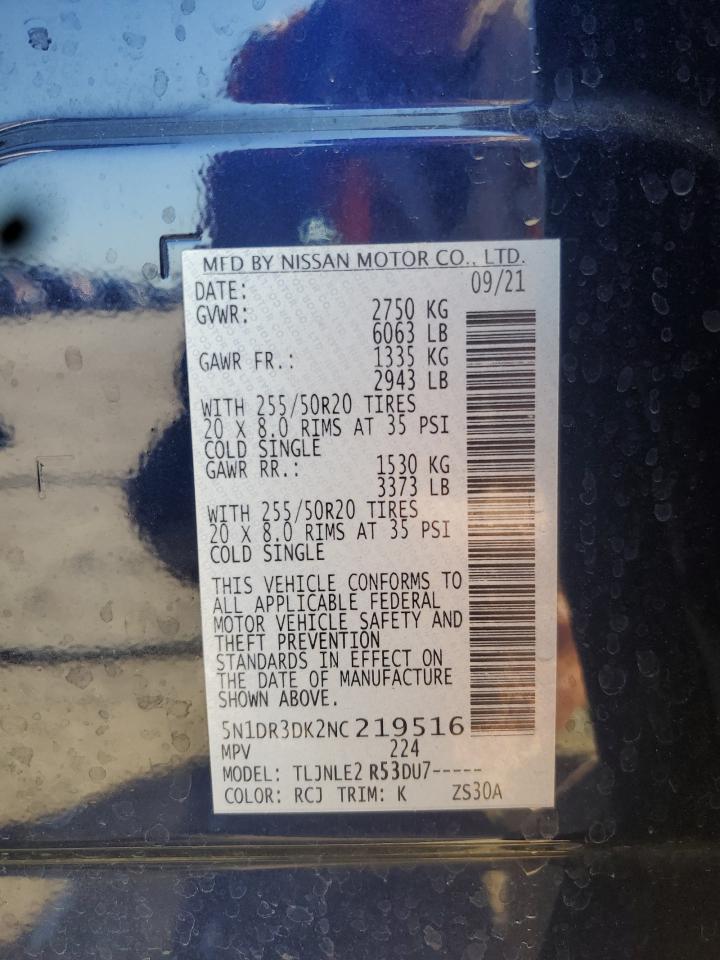 2022 Nissan Pathfinder Platinum VIN: 5N1DR3DK2NC219516 Lot: 82081745