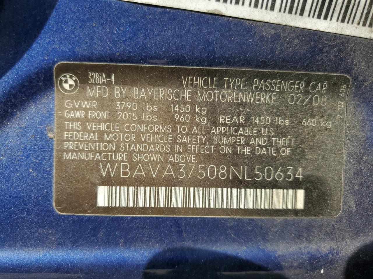 2008 BMW 328 I VIN: WBAVA37508NL50634 Lot: 82126675