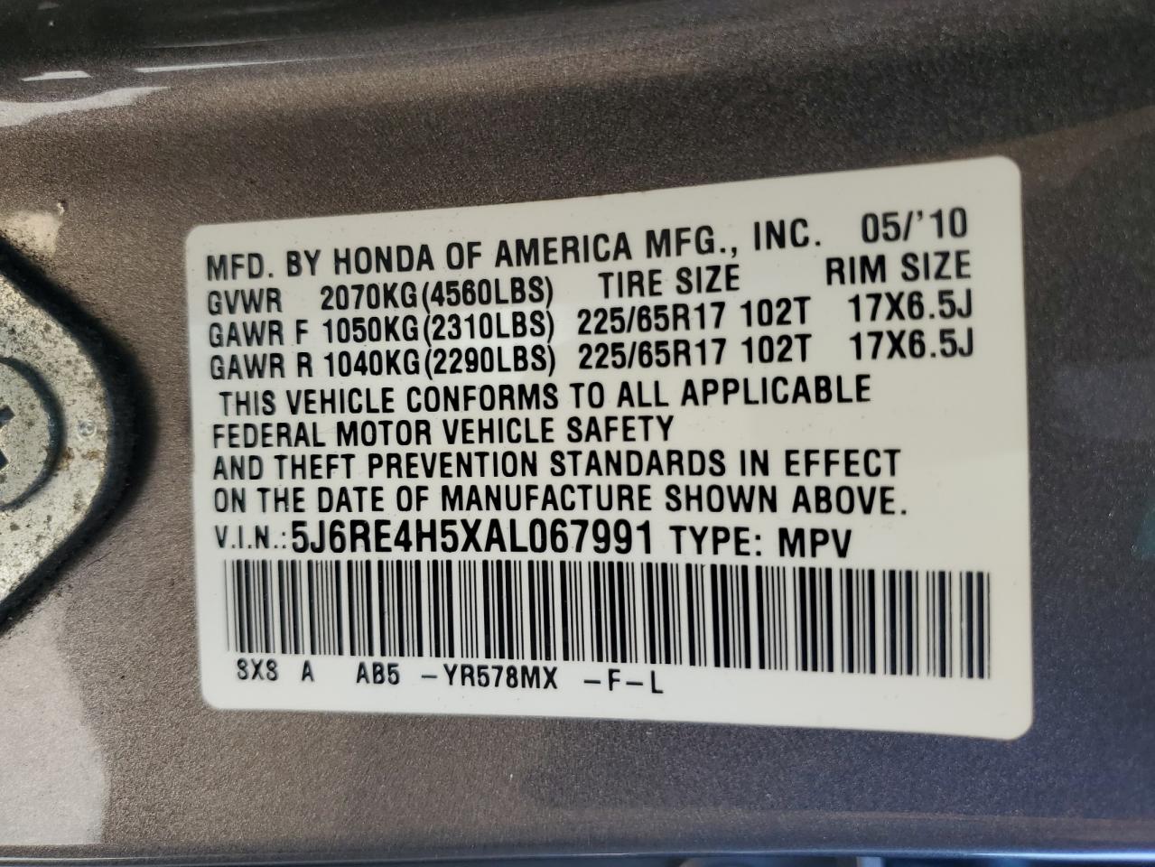 2010 Honda Cr-V Ex VIN: 5J6RE4H5XAL067991 Lot: 80151645