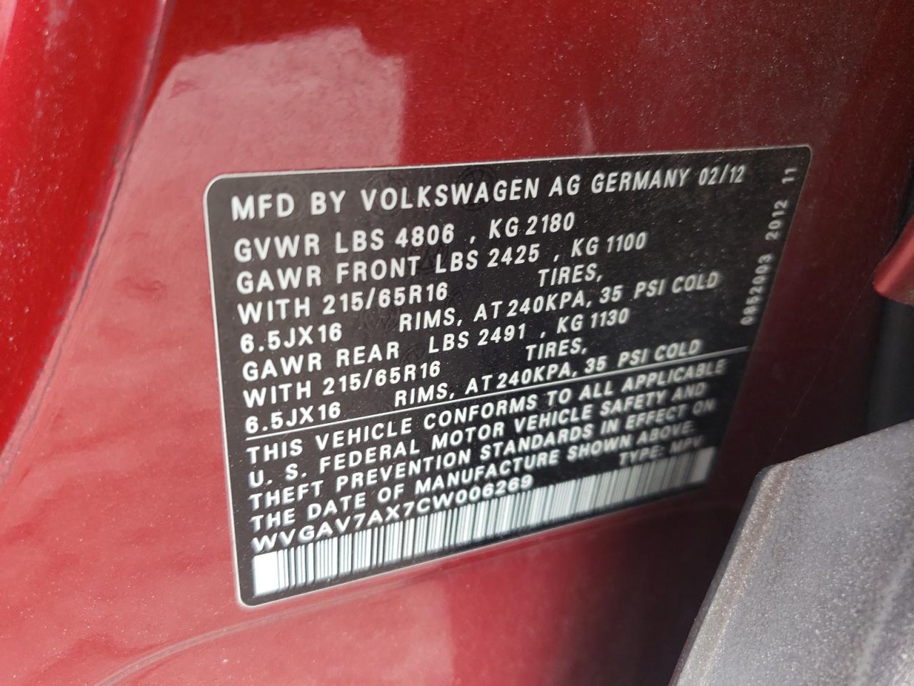 2012 Volkswagen Tiguan S VIN: WVGAV7AX7CW006269 Lot: 70900045