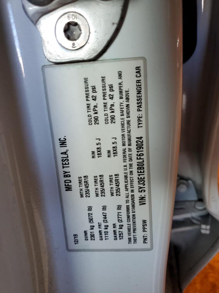 2020 Tesla Model 3 VIN: 5YJ3E1EB0LF619024 Lot: 84633295