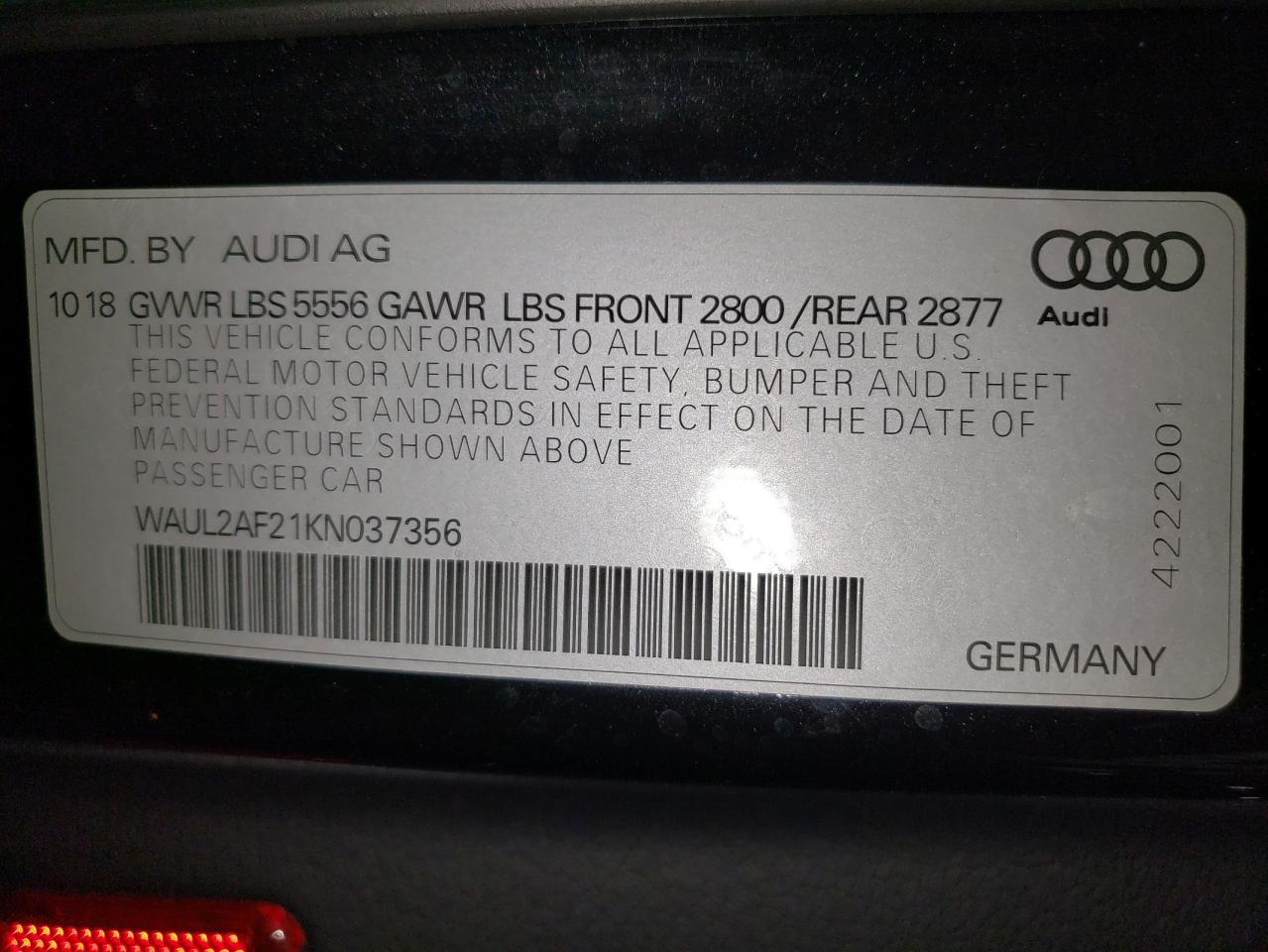 2019 Audi A6 Premium Plus VIN: WAUL2AF21KN037356 Lot: 83910635