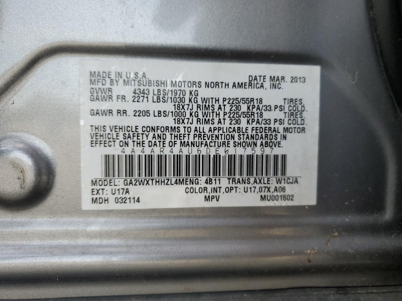 2013 Mitsubishi Outlander Sport Se VIN: 4A4AR4AU6DE017597 Lot: 84706355