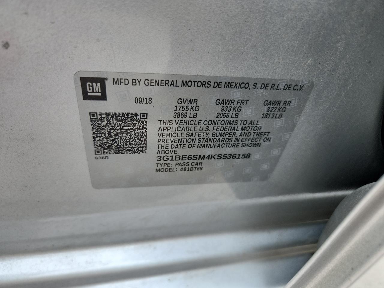 2019 Chevrolet Cruze Lt VIN: 3G1BE6SM4KS536158 Lot: 82083455