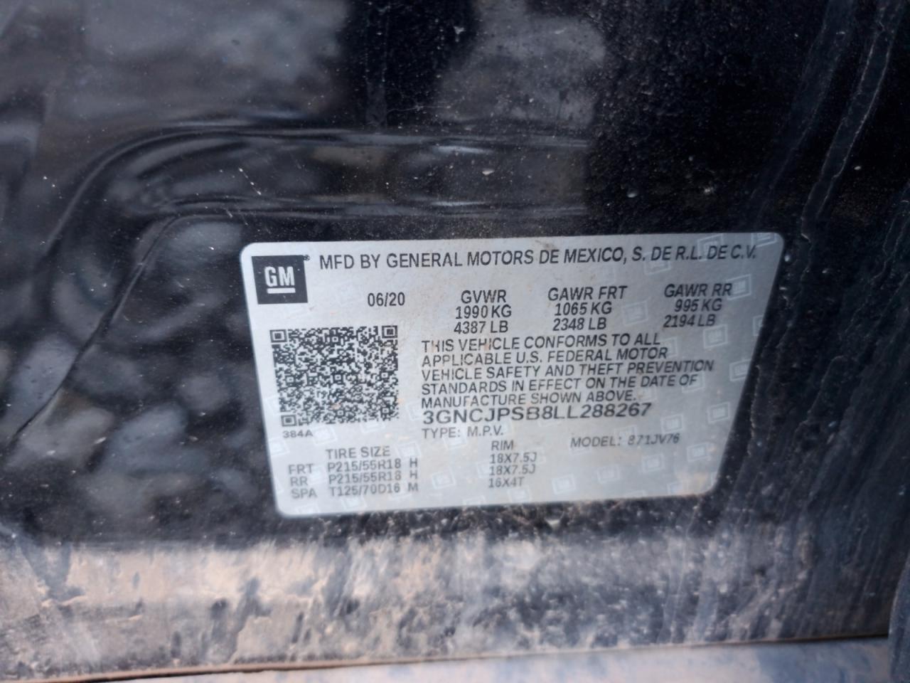 2020 Chevrolet Trax 1Lt VIN: 3GNCJPSB8LL288267 Lot: 81450555