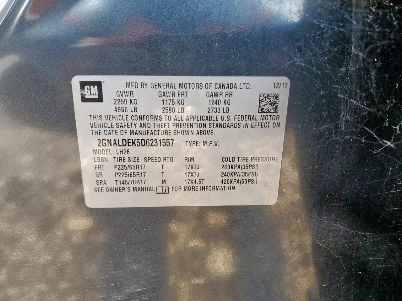 2013 Chevrolet Equinox Lt VIN: 2GNALDEK5D6231557 Lot: 80917045