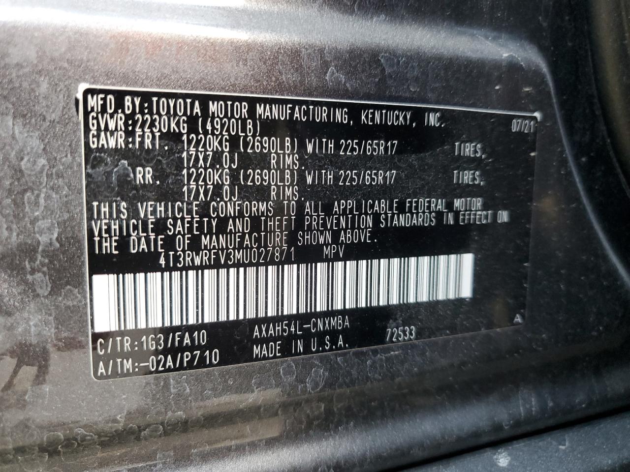 2021 Toyota Rav4 Xle VIN: 4T3RWRFV3MU027871 Lot: 80894235