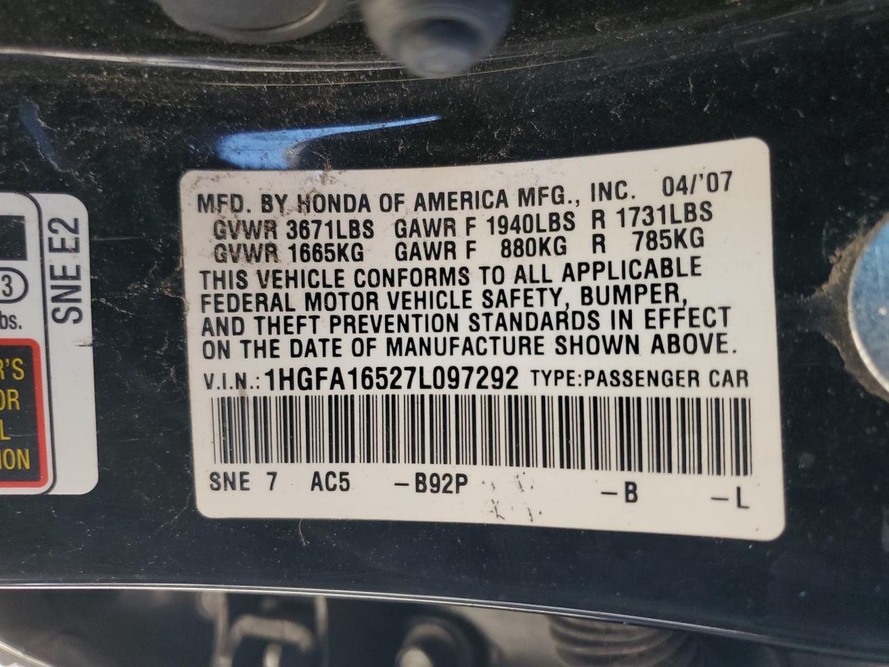 2007 Honda Civic Lx VIN: 1HGFA16527L097292 Lot: 82137605