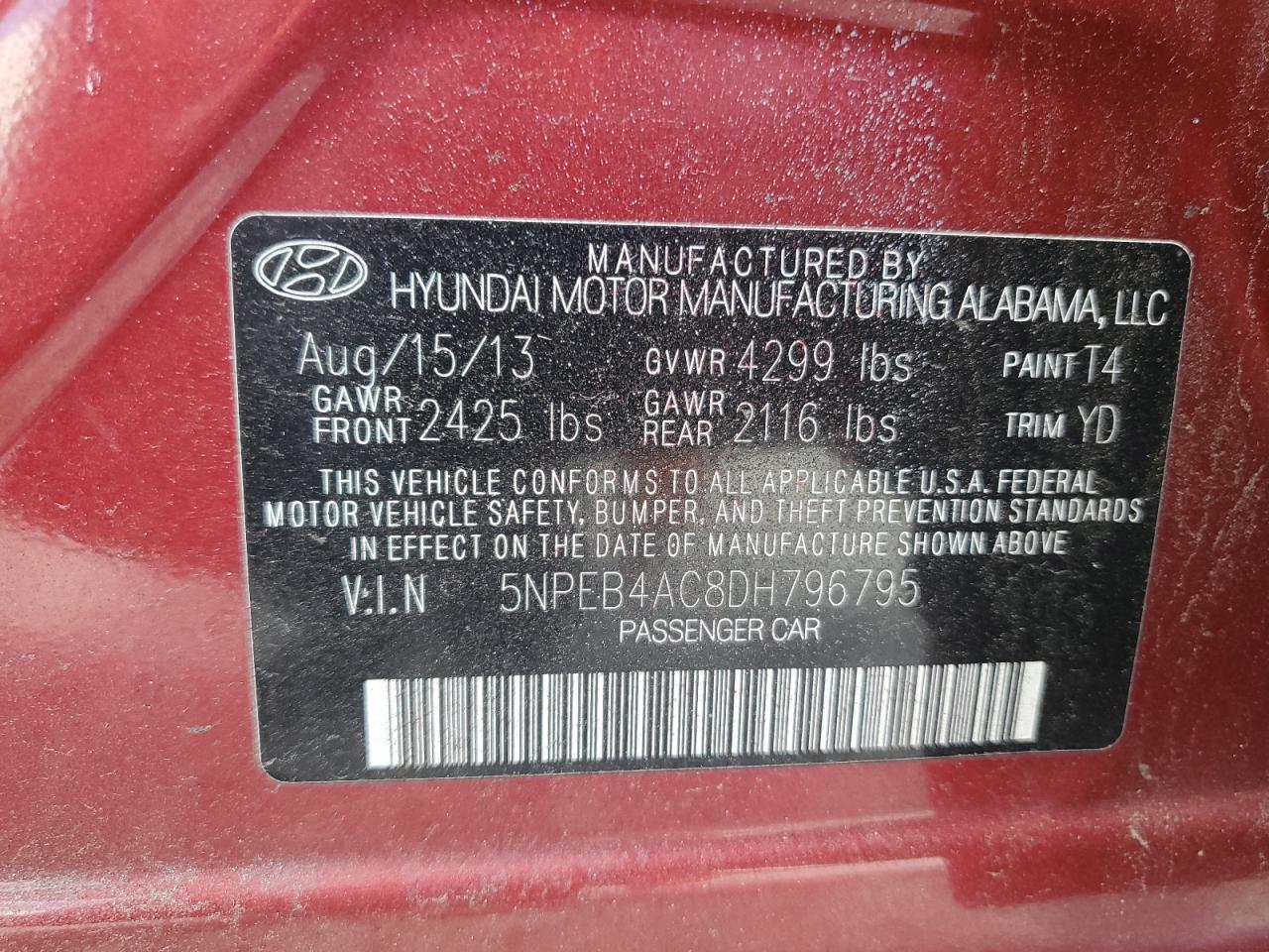 2013 Hyundai Sonata Gls VIN: 5NPEB4AC8DH796795 Lot: 82086155