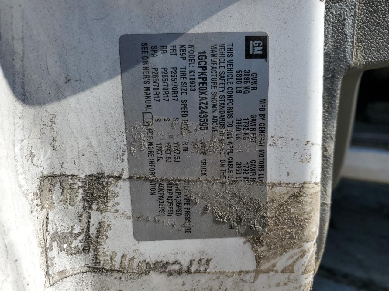 2010 Chevrolet Silverado K1500 VIN: 1GCPKPE0XAZ243595 Lot: 81511825