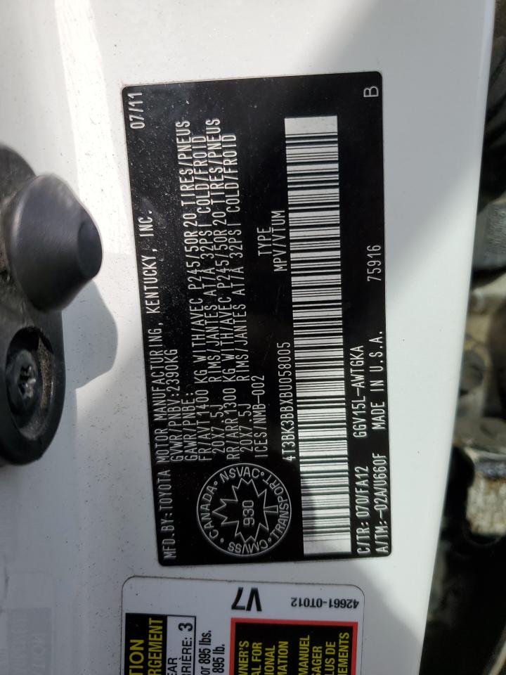 2011 Toyota Venza VIN: 4T3BK3BBXBU058005 Lot: 80348785