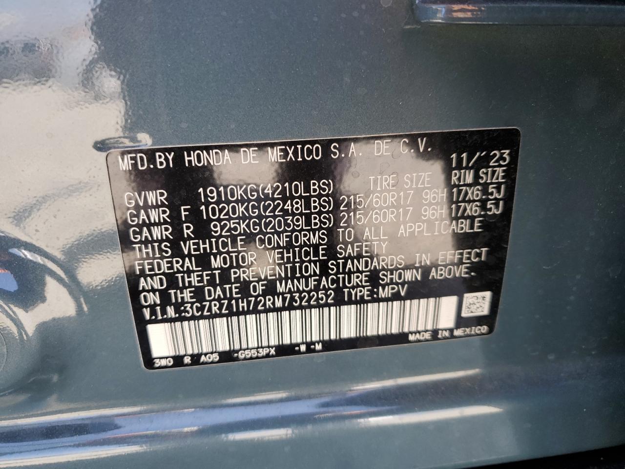 2024 Honda Hr-V Exl VIN: 3CZRZ1H72RM732252 Lot: 80755865