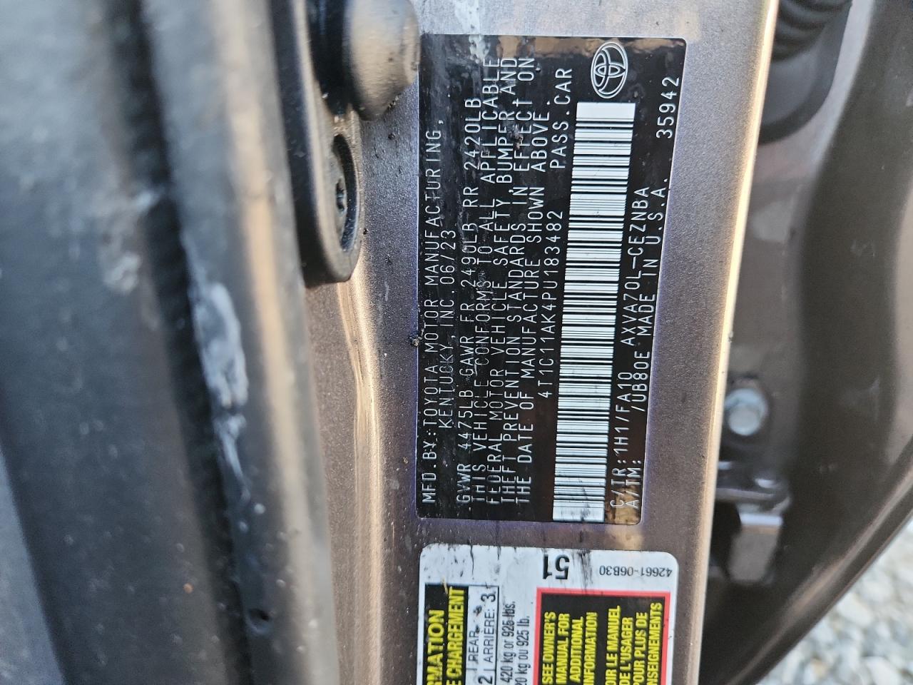 2023 Toyota Camry Le VIN: 4T1C11AK4PU183482 Lot: 80138155