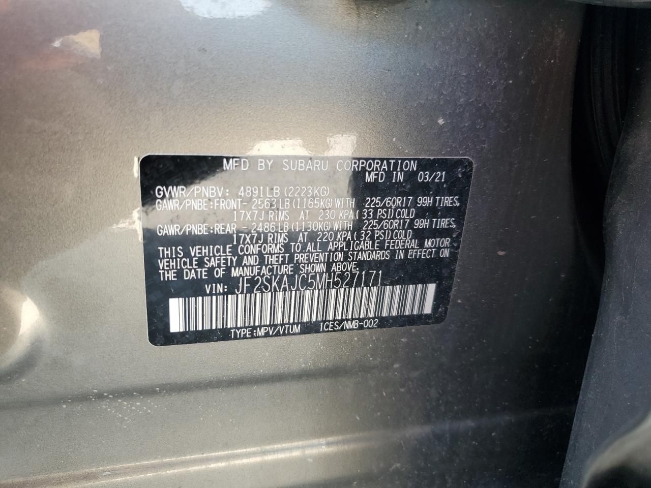 2021 Subaru Forester Premium VIN: JF2SKAJC5MH527171 Lot: 68159255