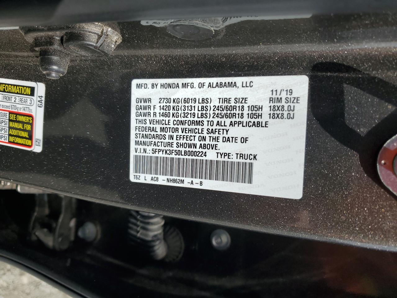 2020 Honda Ridgeline Rtl VIN: 5FPYK3F50LB000224 Lot: 81116405