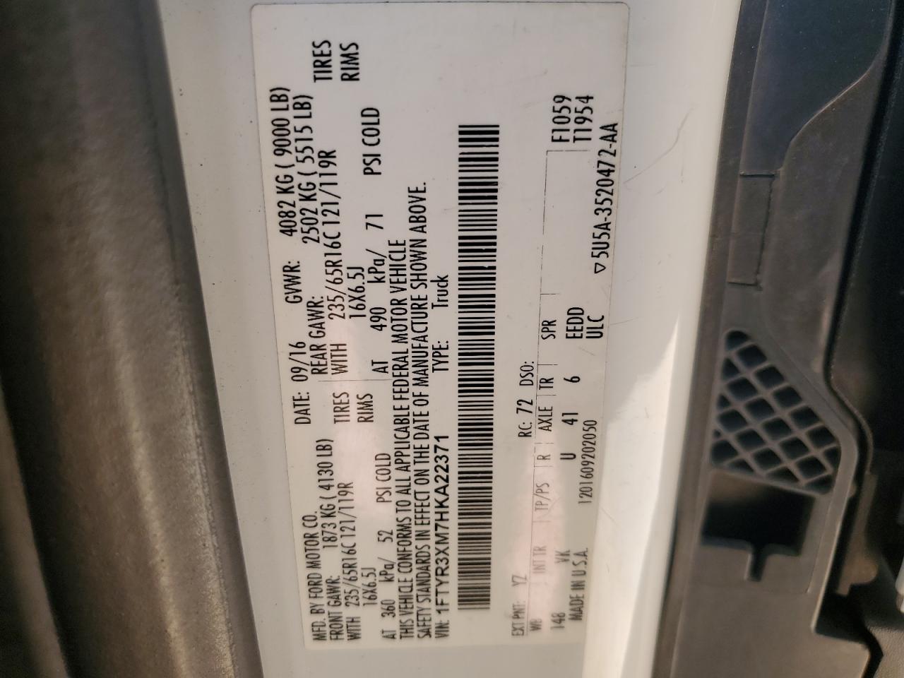 2017 Ford Transit T-250 VIN: 1FTYR3XM7HKA22371 Lot: 80481085