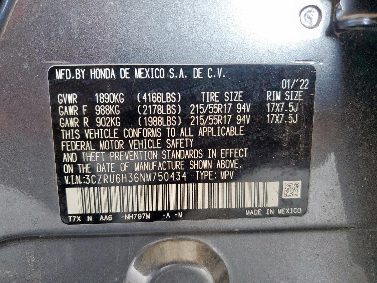 2022 Honda Hr-V Lx VIN: 3CZRU6H36NM750434 Lot: 80681465