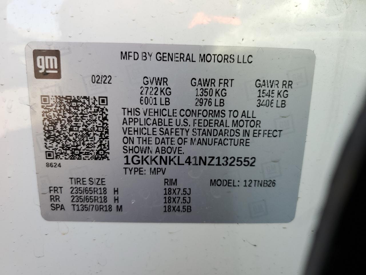 2022 GMC Acadia Sle VIN: 1GKKNKL41NZ132552 Lot: 71443705