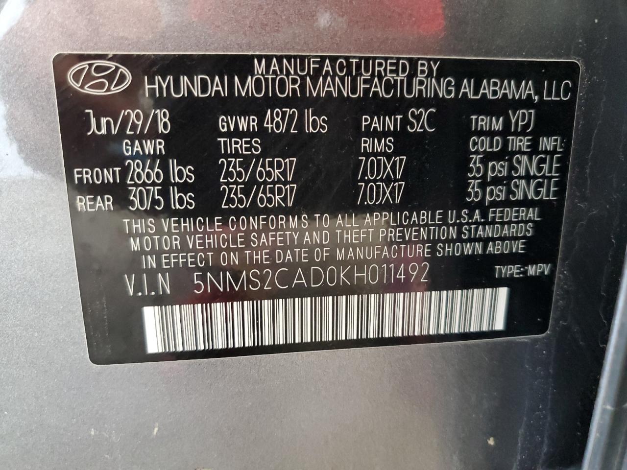 2019 Hyundai Santa Fe Se VIN: 5NMS2CAD0KH011492 Lot: 83804455