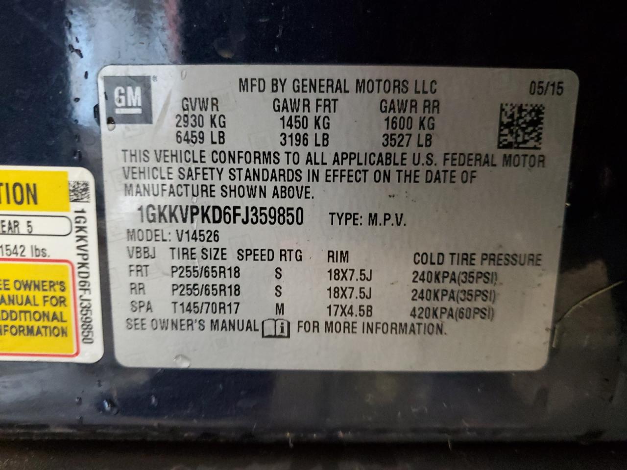 2015 GMC Acadia Sle VIN: 1GKKVPKD6FJ359850 Lot: 83967295