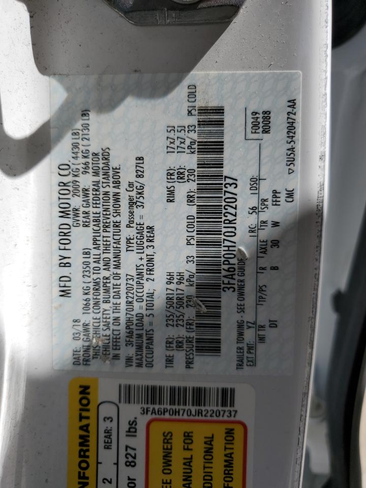 2018 Ford Fusion Se VIN: 3FA6P0H70JR220737 Lot: 72009485