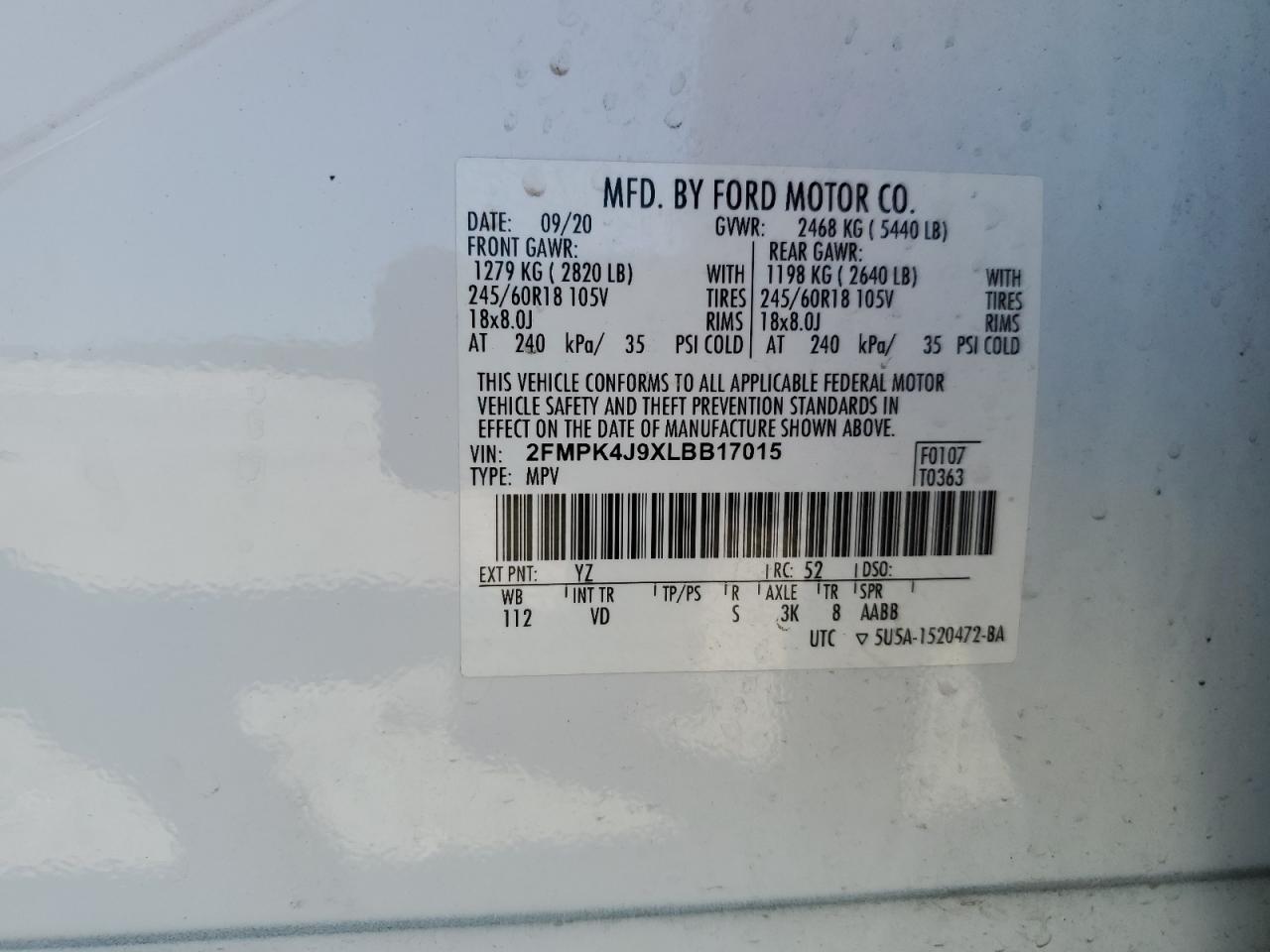 2020 Ford Edge Sel VIN: 2FMPK4J9XLBB17015 Lot: 80204995
